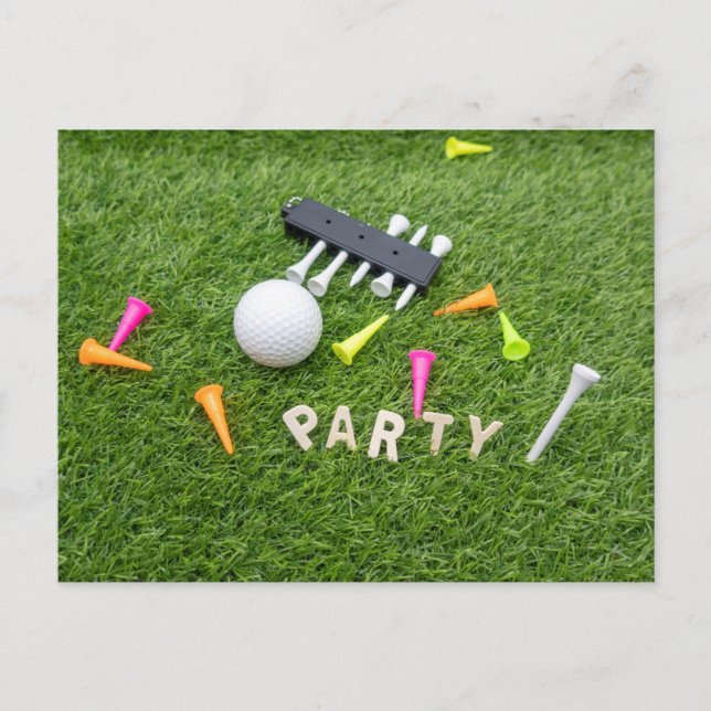 Invitación a fiesta de golf con pelota de golf y t (Anverso)