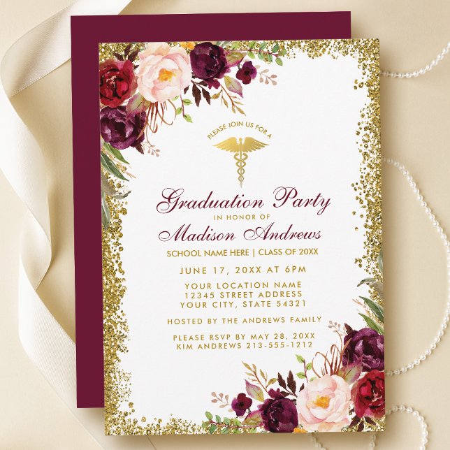 Invitación a Fiesta de Grado Médico Purpurina de O (Customize to change text color, style, add text & photos to back or change color of back of card.)