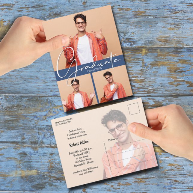 Invitación a fiesta de graduación azul con varias  (Multi Photo Blue Graduation Party Invitation Postcards)