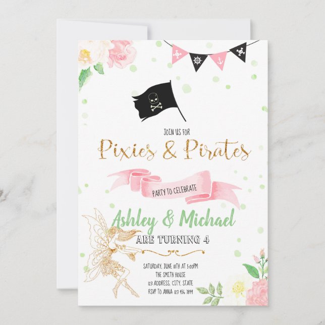 invitación a fiesta de hada y pirata (Anverso)