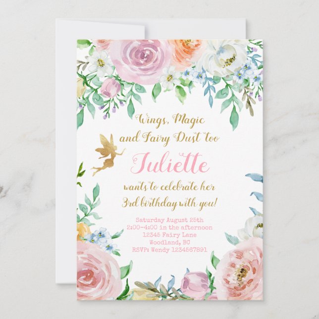 Invitación a fiesta de hadas florales, invitación  (Anverso)