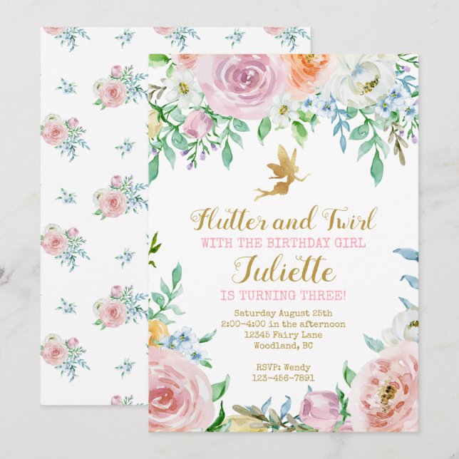 Invitación a fiesta de hadas florales, invitación  (Anverso / Reverso)