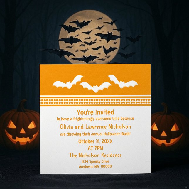 Invitación a fiesta de Halloween de Batty Gone, Na (Orange and White Gone Batty Halloween Party Invitation)
