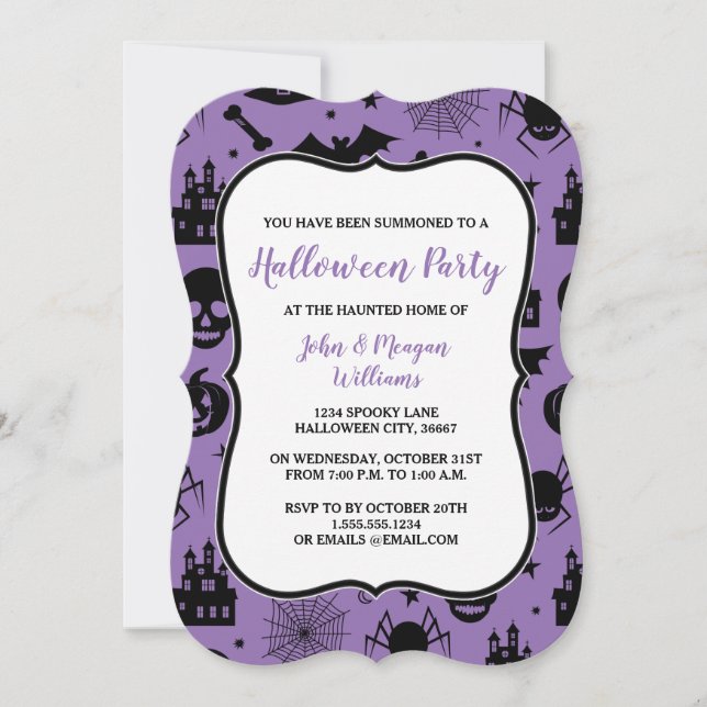 Invitación a fiesta de Halloween morado y negro (Anverso)