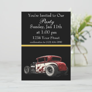 invitación a fiesta de Hot Rod con franja de papel