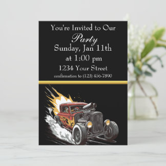 invitación a fiesta de Hot Rod con franja de papel