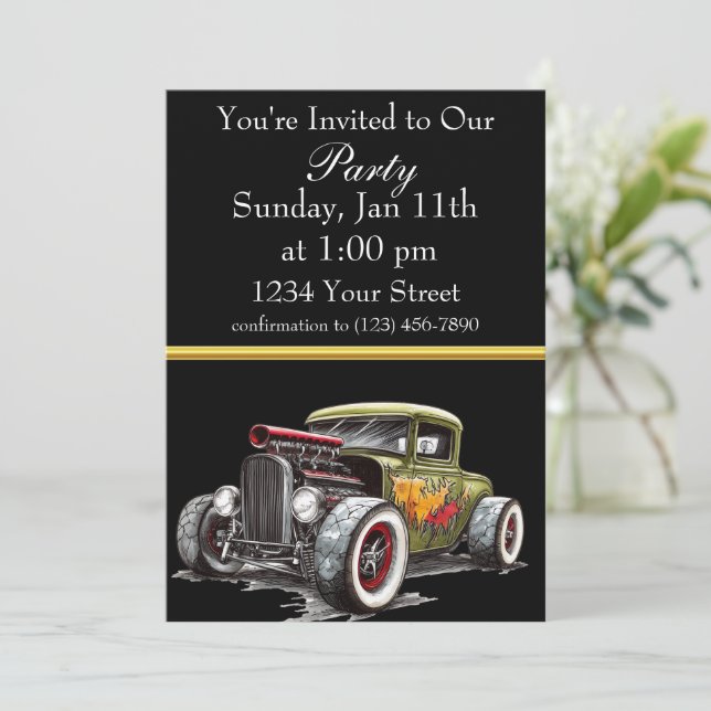invitación a fiesta de Hot Rod con franja de papel (Anverso de pie)
