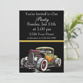 invitación a fiesta de Hot Rod con franja de papel