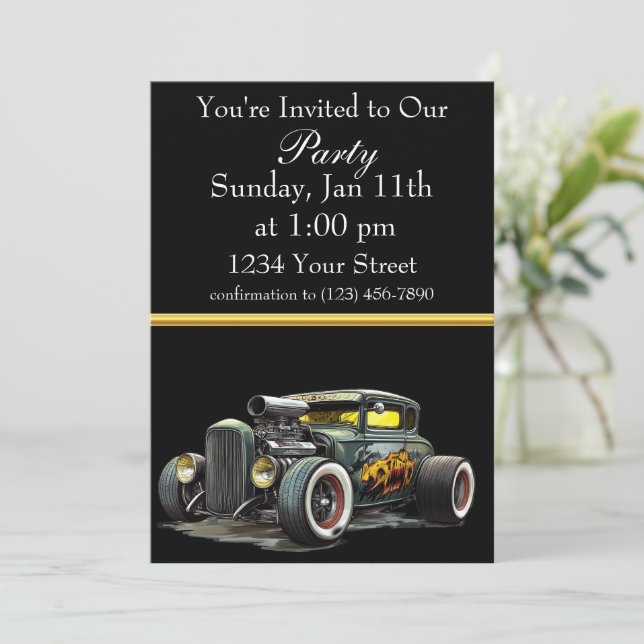 invitación a fiesta de Hot Rod con franja de papel (Anverso de pie)