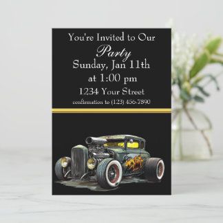 invitación a fiesta de Hot Rod con franja de papel