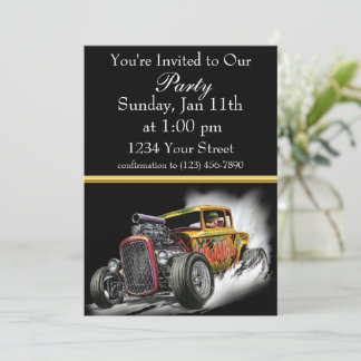invitación a fiesta de Hot Rod con franja de papel
