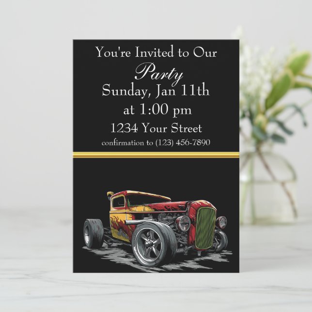 invitación a fiesta de Hot Rod con franja de papel (Anverso de pie)