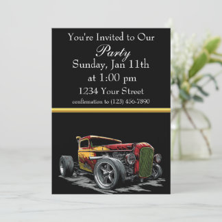 invitación a fiesta de Hot Rod con franja de papel