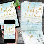 Invitación a Fiesta de Jingle & MIngle Winter Wood<br><div class="desc">Invitación de fiesta en caligrafía azul blanca y dorada de invierno de madera acuarela pintura con texto de personalizable</div>