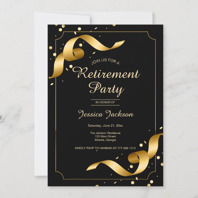 Invitación a fiesta de jubilación con cintas dorad (Anverso)