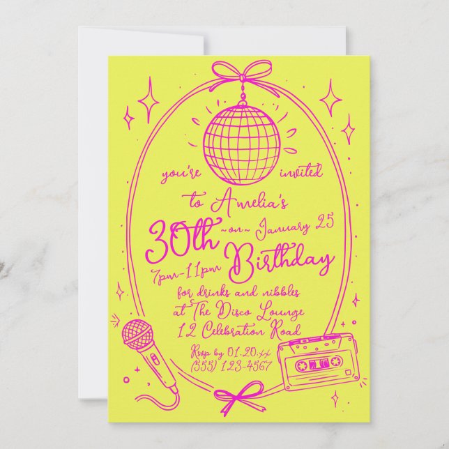 Invitación a Fiesta de Karaoke Retro por Cumpleaño (Anverso)
