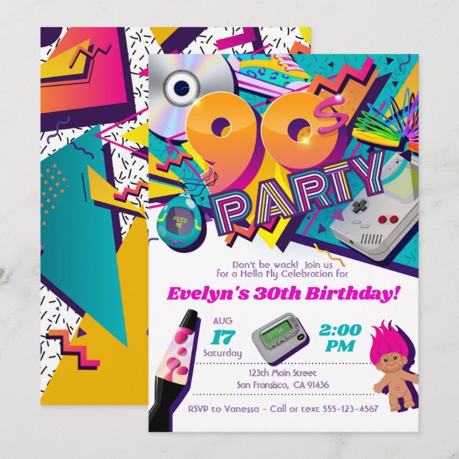 Invitación a fiesta de los 90, tema de invitación  (Anverso / Reverso)