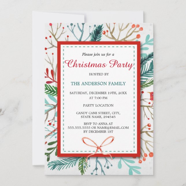 Invitación a fiesta de Navidad con bosque capricho (Anverso)