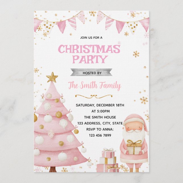 Invitación a fiesta de Navidad rosa (Anverso)