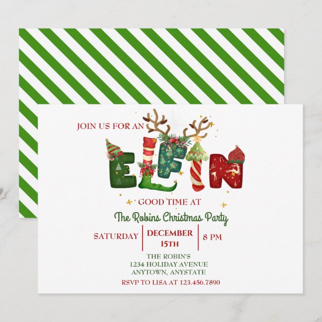 Invitación a fiesta de Navidades de Cute Elfin (Anverso / Reverso)