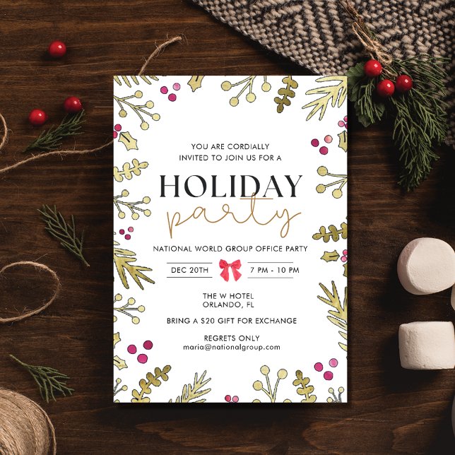 Invitación a fiesta de Navidades de feriado festiv (Festive Holly Holiday Christmas Party Invitation)
