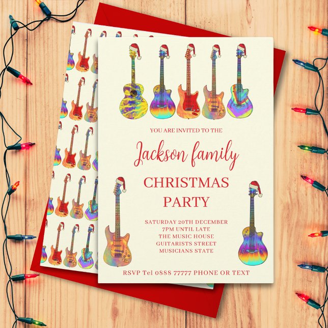 Invitación a fiesta de Navidades de guitarra con t (music themed family Christmas party invitation with cool colorful guitars wearing Santa hats)