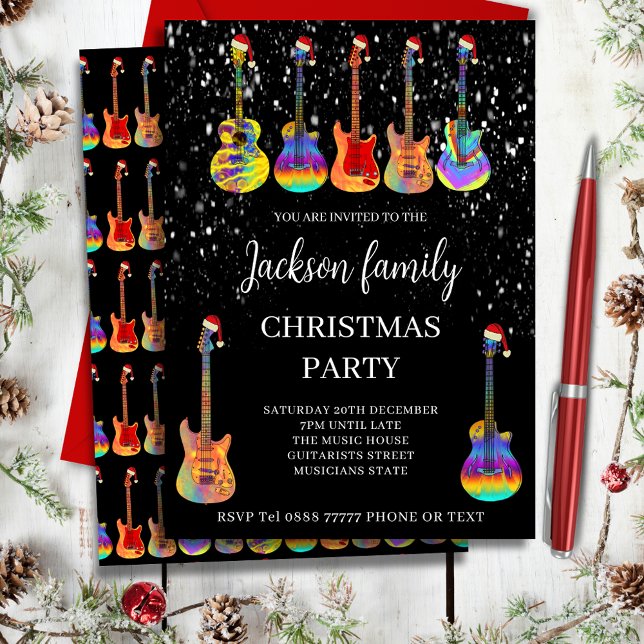 Invitación a fiesta de Navidades de guitarra con t (Music themed family christmas party invitation cool colorful rock and roll guitars Santa hats & snow)