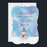 Invitación a fiesta de Navidades de muñecos de nie<br><div class="desc">Invitación a la fiesta de los navidades con un ilustracion de muñecos de nieve. Lleva puesto un gorra negro de estocador, sujeta una clásica tubería de mazorca de maíz, y lleva una bufanda roja. Parado en la fría nieve blanca sonriendo y saludando. El fondo está compuesto por un cielo acuarela...</div>