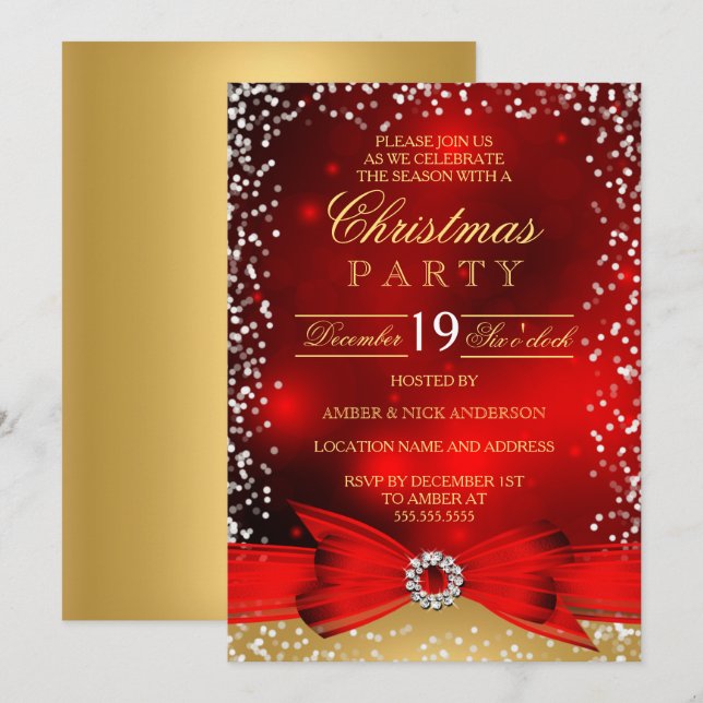 Invitación a fiesta de Navidades de Red Gold Bow (Anverso / Reverso)