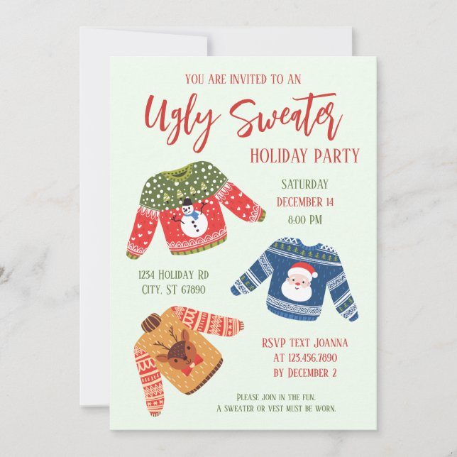 Invitación a fiesta de Navidades de suéter feo y d (Anverso)