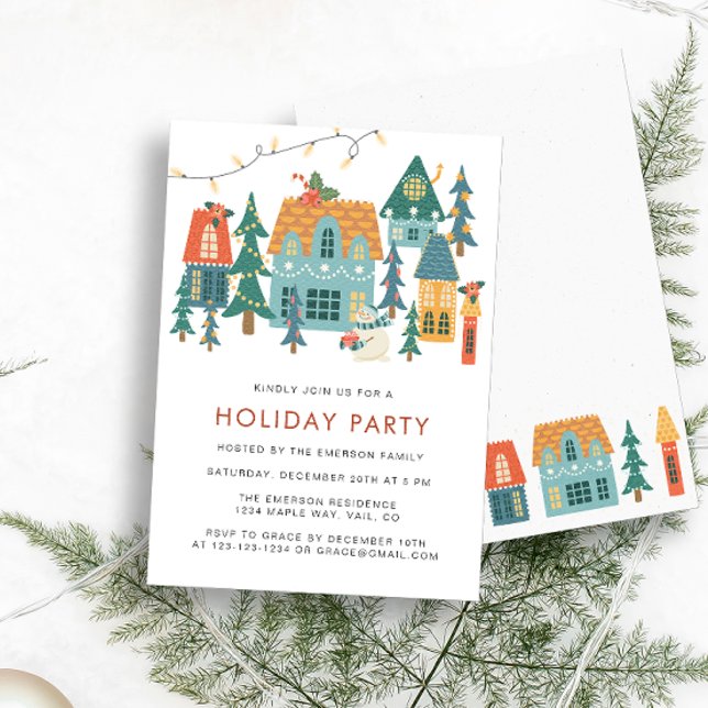 Invitación a fiesta de Navidades de vacaciones ret (Retro Houses Holiday Party Invitation by Painted Paperie)