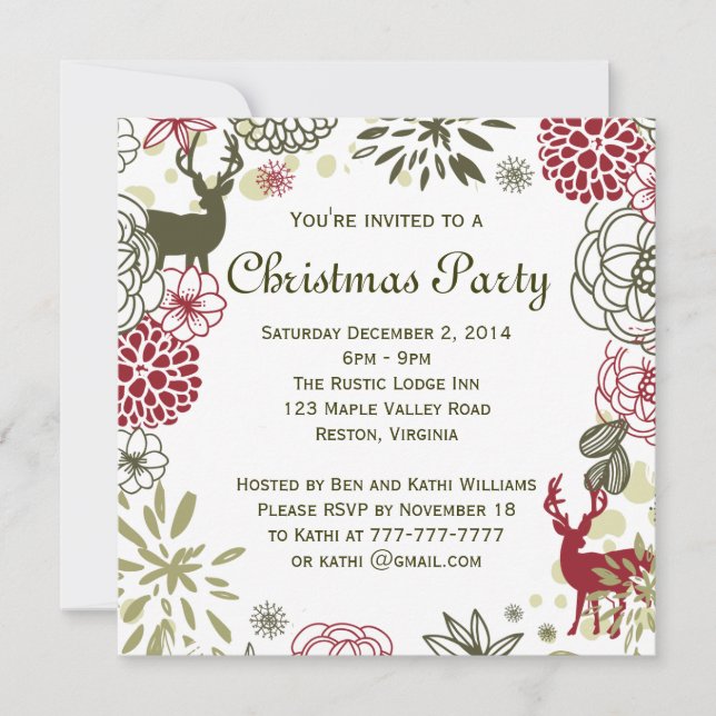 Invitación a fiesta de Navidades florales de cierv (Anverso)