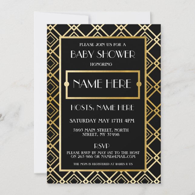 Invitación a Fiesta de Oro de Baby Shower Art Deco (Anverso)