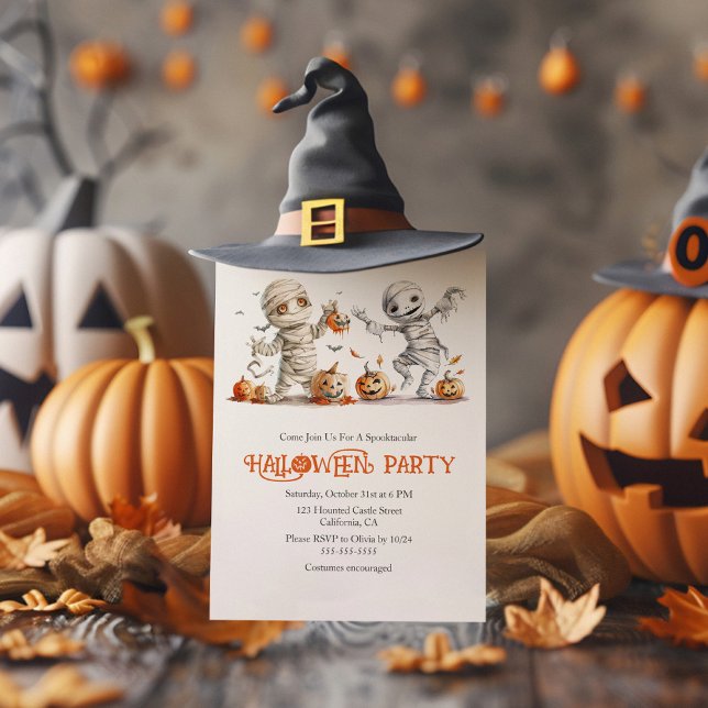 Invitación a fiesta de Personalizado de Halloween  (Cute Mummy Kids' Halloween Custom Party Invitation on a rustic table with Halloween decoration.)