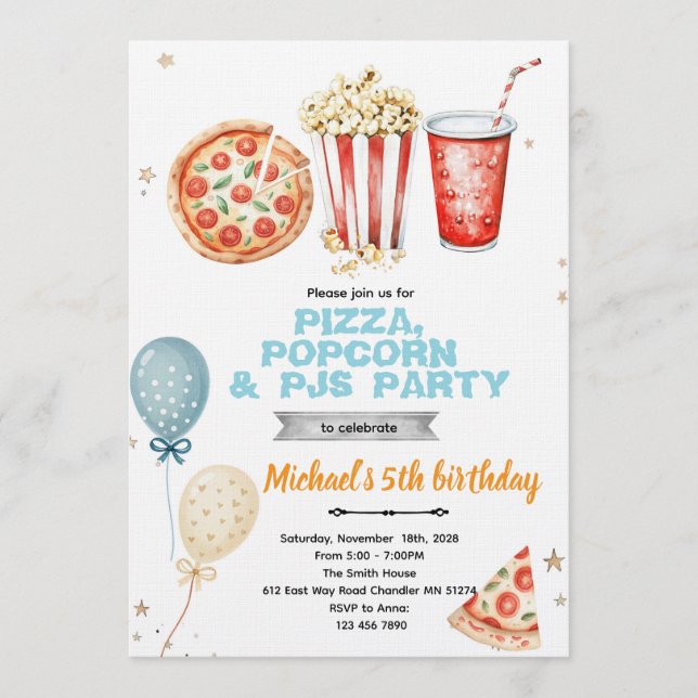 invitación a fiesta de pijamas con pizza y palomit (Anverso)