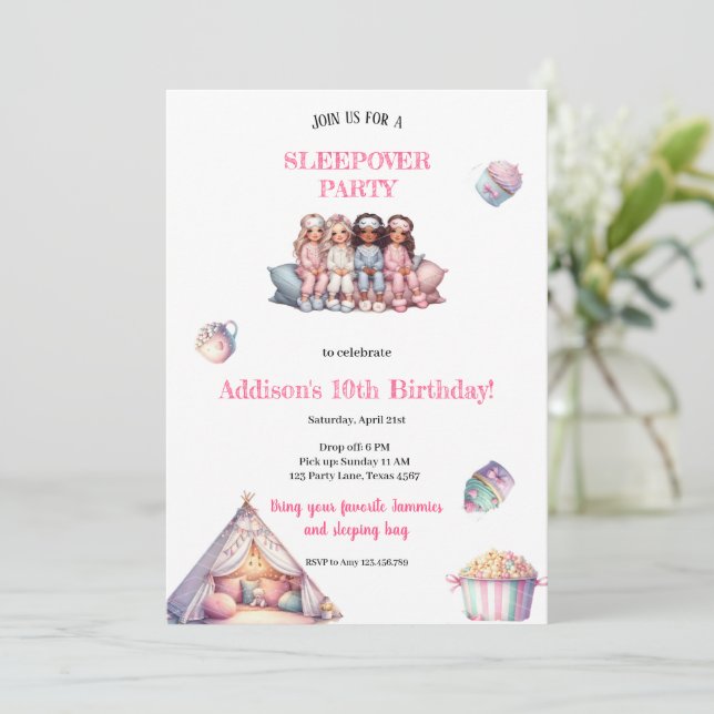 INVITACIÓN A FIESTA DE PIJAMAS DE NIÑA (Anverso de pie)