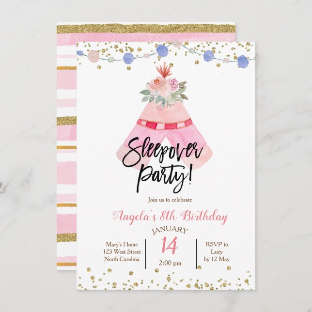 invitación a fiesta de pijamas en tipi (Anverso / Reverso)