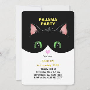 Invitación a fiesta de pijamas y gato esmoquin lin