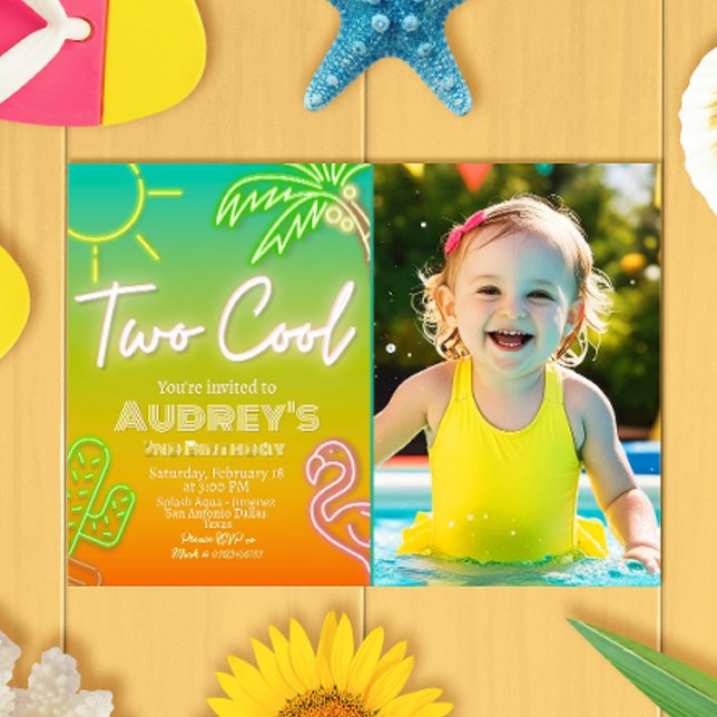 Invitación a fiesta de piscina con neón genial con (Two Cool Neon Pool Party Landscape Invitation with Photo Picture)