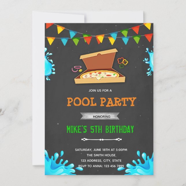 invitación a fiesta de piscina con pizza (Anverso)