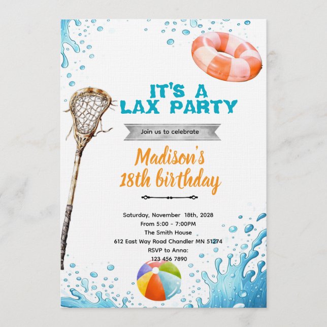 invitación a fiesta de piscina de lacrosse (Anverso)