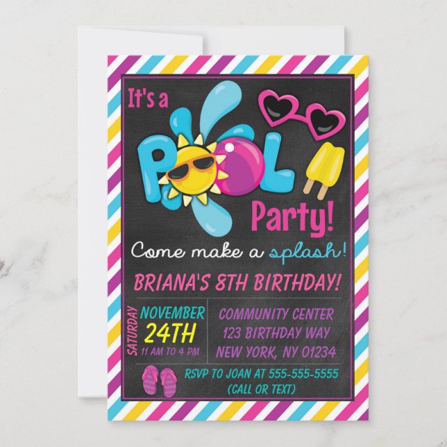 Invitación a fiesta de piscina para una niña (Anverso)