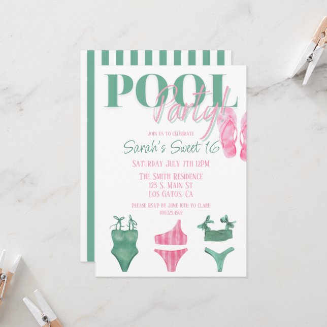 Invitación a fiesta de piscina Preppy (Anverso/Reverso In Situ)