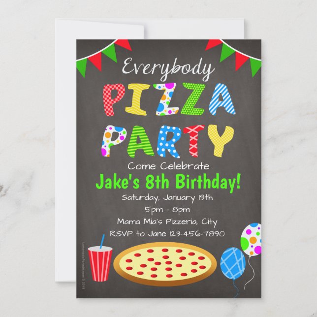 Invitación a fiesta de pizza en pizarra (Anverso)