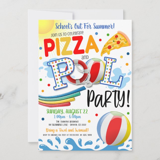 Invitación a Fiesta de Pizza y Piscina (Anverso)