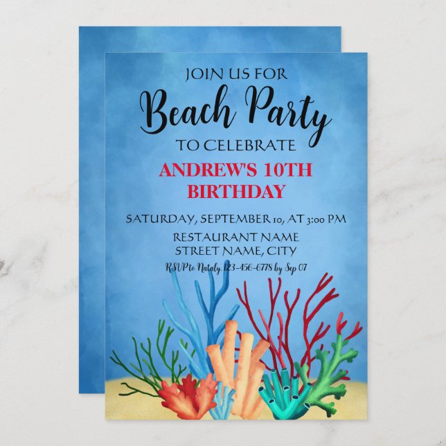 Invitación a fiesta de playa con corales marinos e (Anverso / Reverso)