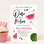 Invitación a Fiesta de primer cumpleaños de una sa<br><div class="desc">Carta de invitación a la fiesta de primer cumpleaños con el tema de la sandía Cute. ilustracion de sandías. El texto dice "uno en un melón".</div>