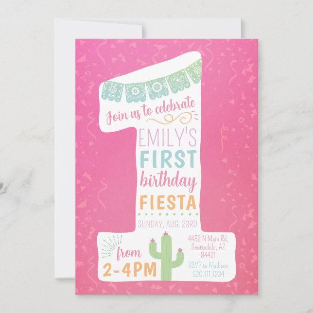 Invitación a Fiesta de Primer Cumpleaños Rosa (Anverso)