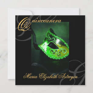 Invitación a fiesta de quinceañera verde mascarada