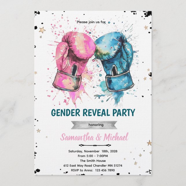 invitación a fiesta de revelación de género de box (Anverso)